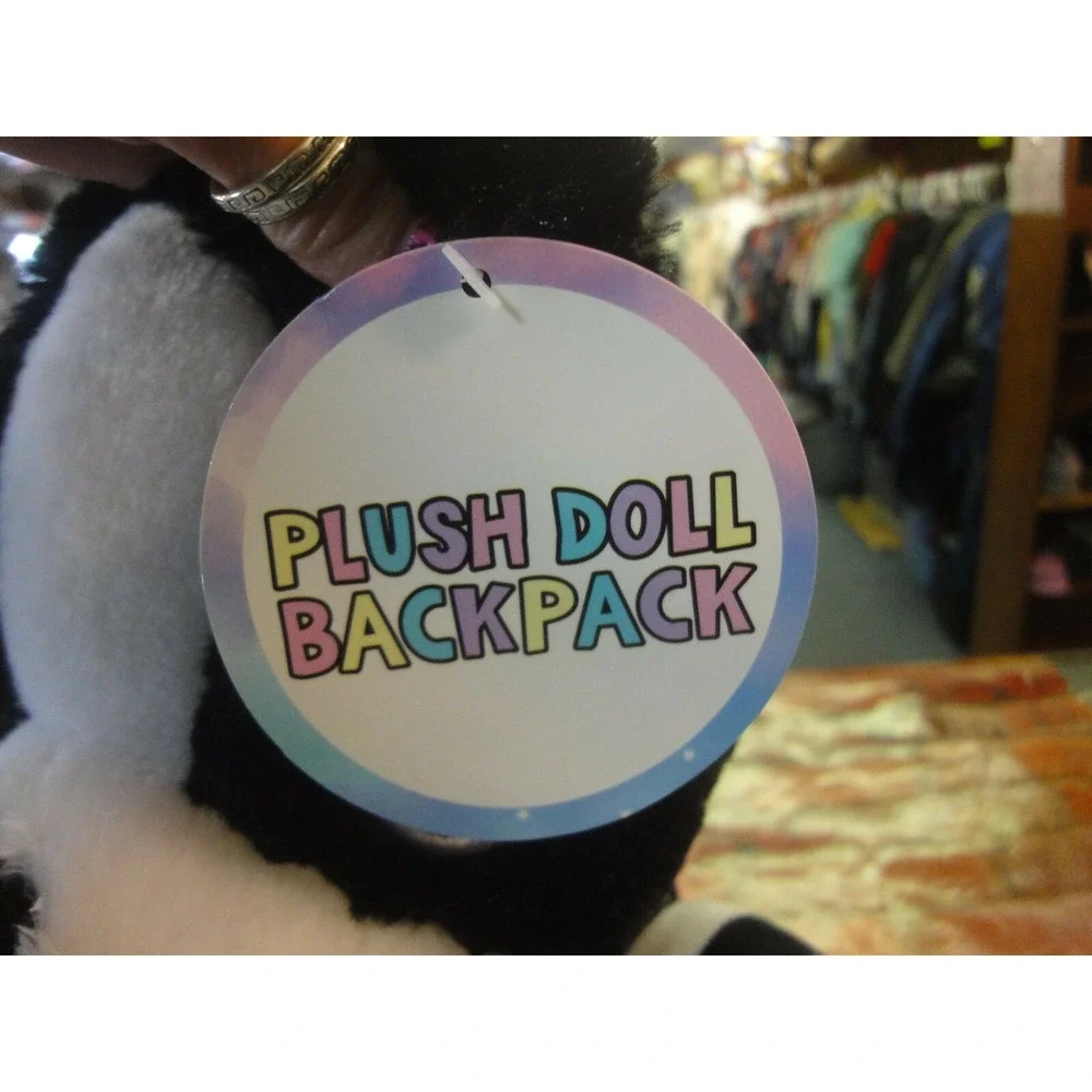 Plush doll Backpack black white pink dog puppy Fun stuffed toy with‎ pocket NWT